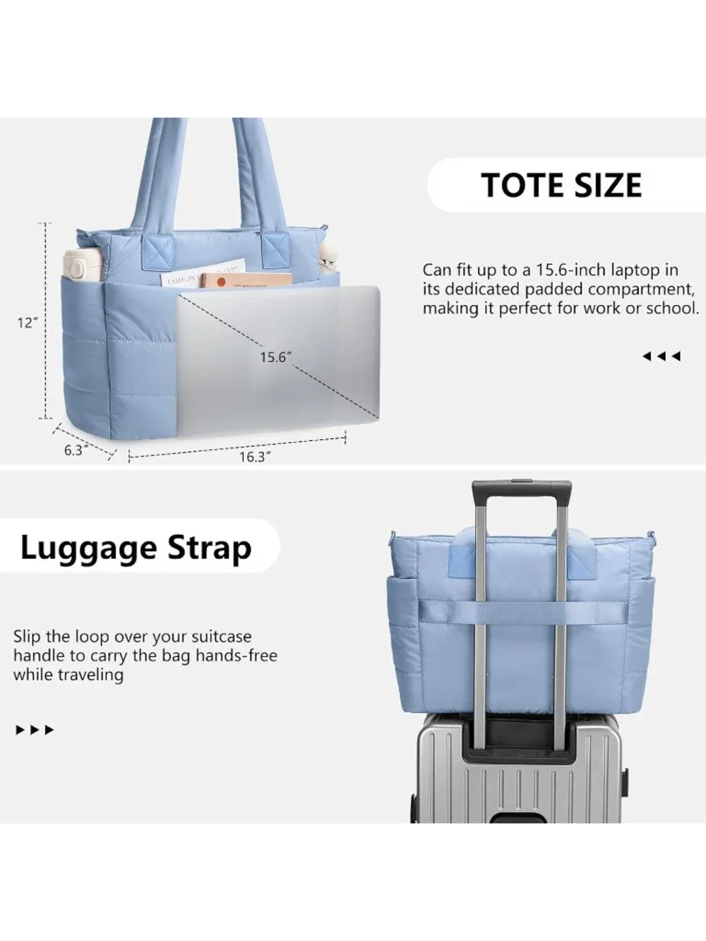 👜Women's Ice Blue Quilted Puffer Tote Bag Lightweight Work For Travel Handbags